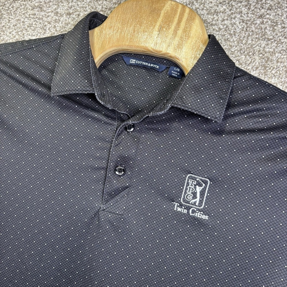 Cutter & Buck Polo Shirt Mens Large Black Geometric TPC Twin Cities Golf Logo